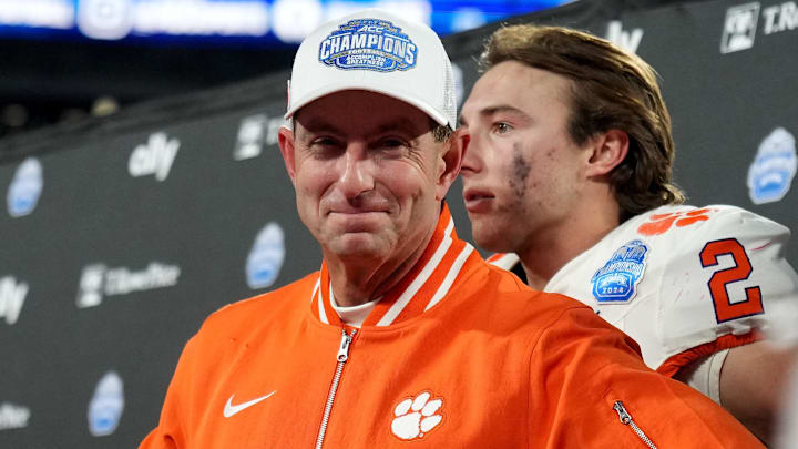 Dec 7, 2024; Charlotte, NC, USA; Clemson Tigers head coach Dabo Swinney celebrates after winning the 2024 ACC Championship game against the Southern Methodist Mustangs at Bank of America Stadium. Mandatory Credit: Jim Dedmon-Imagn Images