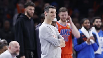 Feb 1, 2025; Oklahoma City, Oklahoma, USA; Oklahoma City Thunder head coach Mark Daigneault watches his team play against the Sacramento Kings during the second half at Paycom Center. Mandatory Credit: Alonzo Adams-Imagn Images