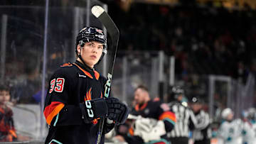 Firebirds forward Jani Nyman (33) scored a goal in the first period against the San Jose Barracuda at Acrisure Arena in Palm Desert, Calif., on Sunday, Feb. 23, 2025.