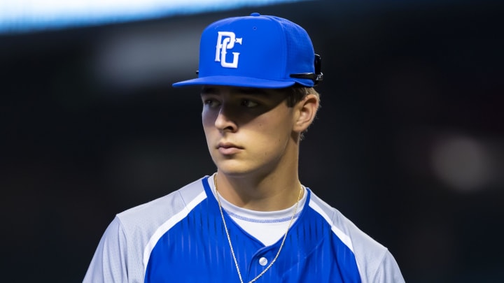 Aug 28, 2022; Phoenix, Arizona, US; East pitcher Hunter Dietz (18) during the Perfect Game All-American Classic high school baseball game at Chase Field. Mandatory Credit: Mark J. Rebilas-USA TODAY Sports Aug 28, 2022; Phoenix, Arizona, US; East pitcher Hunter Dietz (18) during the Perfect Game All-American Classic high school baseball game at Chase Field. Mandatory Credit: Mark J. Rebilas-USA TODAY Sports