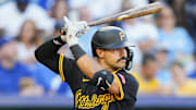 Jul 8, 2025; Kansas City, Missouri, USA; Pittsburgh Pirates second baseman Nick Gonzales (39) bats during the fourth inning against the Kansas City Royals at Kauffman Stadium. Mandatory Credit: Jay Biggerstaff-Imagn Images