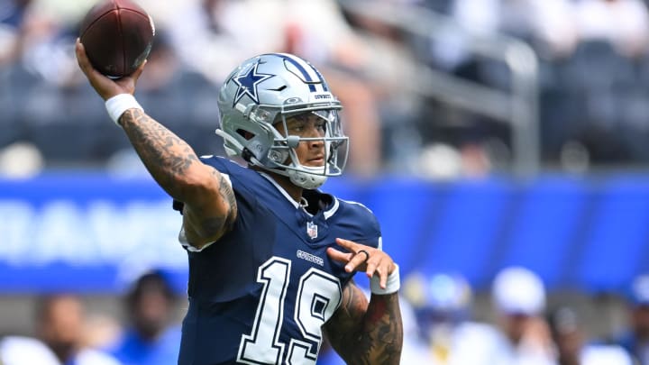 Aug 11, 2024; Inglewood, California, USA; Dallas Cowboys quarterback Trey Lance (19) throws a pass against the Los Angeles Rams during the second quarter at SoFi Stadium. Mandatory Credit: Jonathan Hui-USA TODAY Sports