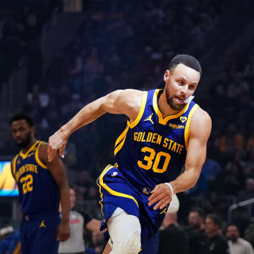 Feb 22, 2024; San Francisco, California, USA; Golden State Warriors guard Stephen Curry (30) runs on the court before the start of the game against the Los Angeles Lakers at the Chase Center. Mandatory Credit: Cary Edmondson-USA TODAY Sports