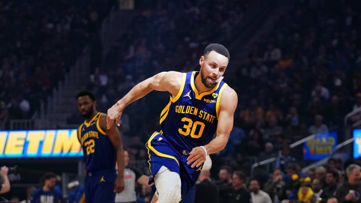 Feb 22, 2024; San Francisco, California, USA; Golden State Warriors guard Stephen Curry (30) runs on the court before the start of the game against the Los Angeles Lakers at the Chase Center. Mandatory Credit: Cary Edmondson-USA TODAY Sports