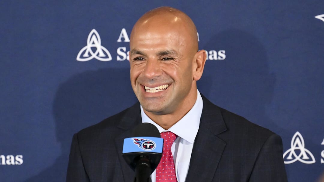 Jan 29, 2026; Nashville, TN, USA;  Tennessee Titans head coach Robert Saleh answers questions from the media during the press conference at Ascension Saint Thomas Sports Park. Mandatory Credit: Steve Roberts-Imagn Images