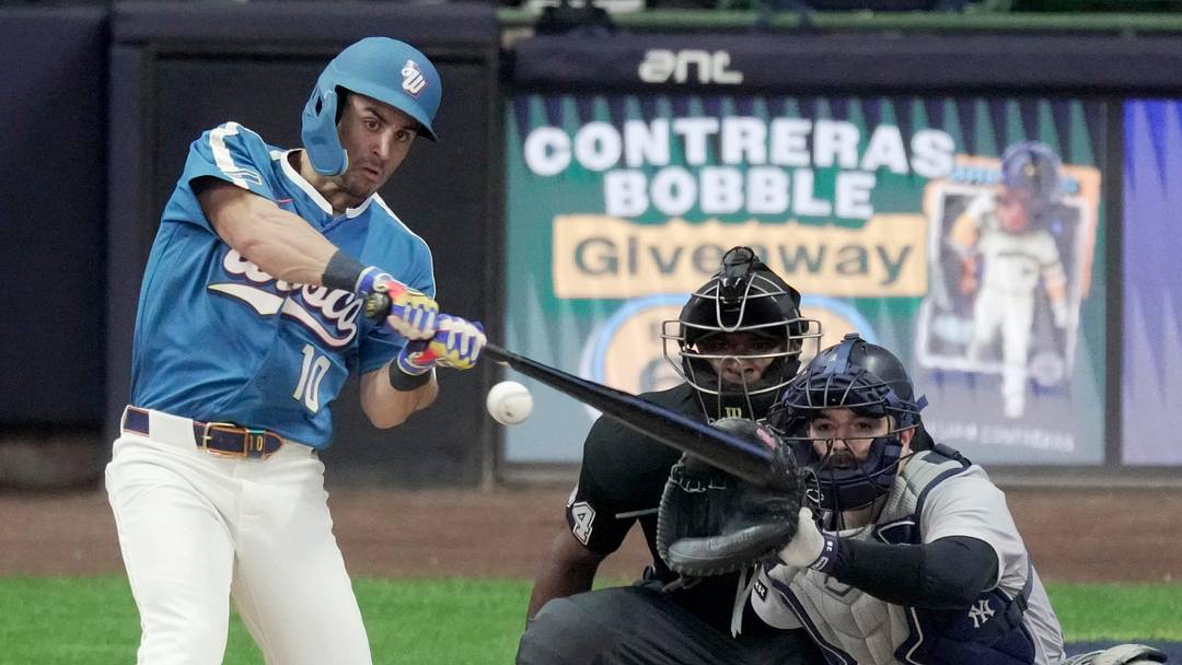 Milwaukee Brewers right fielder Sal Frelick (10) hits an RBI single during the second inning of their game against the New York Yankees Friday, May 8, 2026 at American Family Field in Milwaukee, Wisconsin.