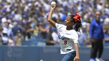 Los Angeles Lakers legend Kobe Bryant’s daughter Bianka throws out the first pitch.