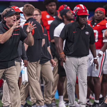 Aug 31, 2024; Atlanta, Georgia, USA; Georgia Bulldogs head coach Kirby Smart reacts on the sideline against the Clemson Tigers during the second half at Mercedes-Benz Stadium. Mandatory Credit: Dale Zanine-Imagn Images