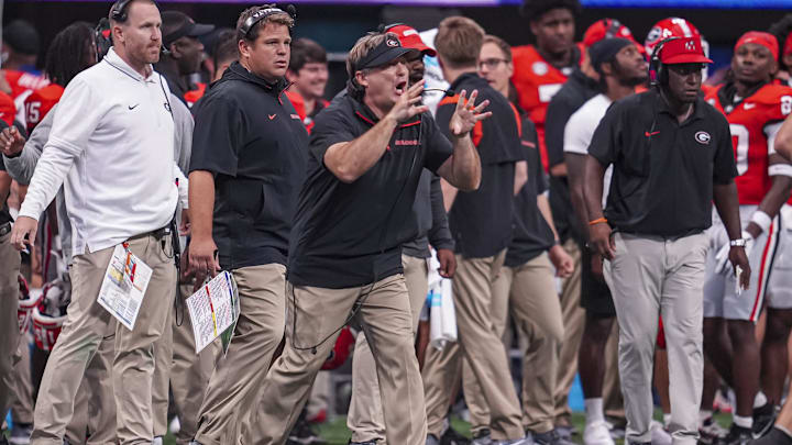 Aug 31, 2024; Atlanta, Georgia, USA; Georgia Bulldogs head coach Kirby Smart reacts on the sideline against the Clemson Tigers during the second half at Mercedes-Benz Stadium. Mandatory Credit: Dale Zanine-Imagn Images