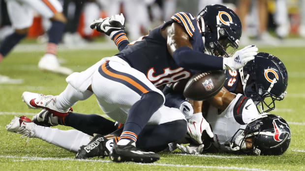 Chicago Bears safety Douglas Coleman III and cornerback Josh Blackwell defend a pass against the Houston Texans during a game