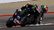 Apr 12, 2024; Austin, TX, USA; Alex Rins (42) of Spain and Monster Energy Yamaha MotoGP during practice for the MotoGP Grand Prix of the Americas at Circuit of The Americas. Mandatory Credit: Jerome Miron-Imagn Images