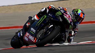 Apr 12, 2024; Austin, TX, USA; Alex Rins (42) of Spain and Monster Energy Yamaha MotoGP during practice for the MotoGP Grand Prix of the Americas at Circuit of The Americas. Mandatory Credit: Jerome Miron-Imagn Images