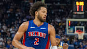 Oct 13, 2024; San Francisco, California, USA;  Detroit Pistons guard Cade Cunningham (2) drives to the net against the Golden State Warriors during the first quarter at Chase Center. Mandatory Credit: Neville E. Guard-Imagn Images