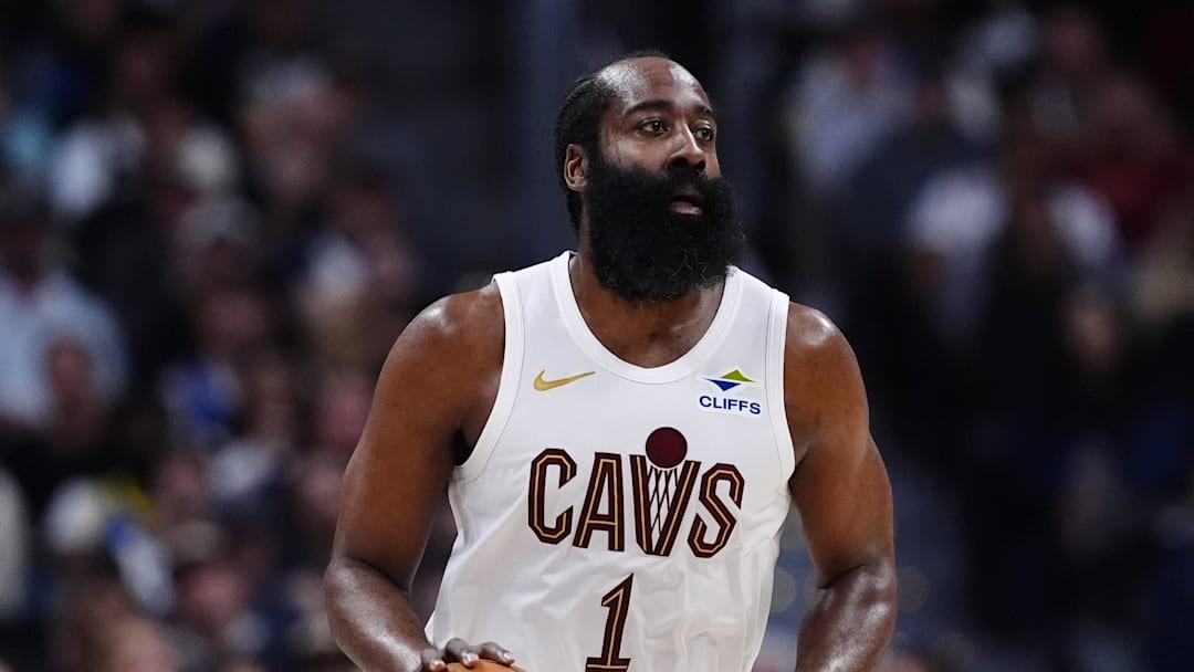 Feb 9, 2026; Denver, Colorado, USA; Cleveland Cavaliers guard James Harden (1)  during the second quarter against the Denver Nuggets at Ball Arena.