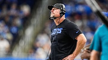 Detroit Lions head coach Dan Campbell reacts to a play against Houston Texans during the first half at Ford Field in Detroit on Saturday, August 23, 2025.