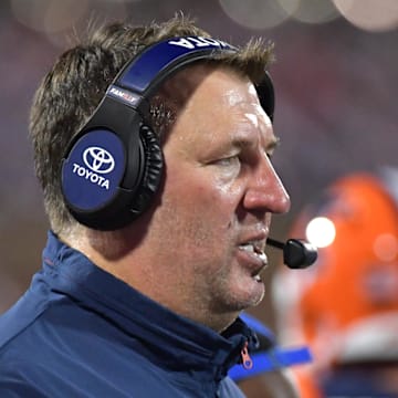 Aug 29, 2024; Champaign, Illinois, USA;  Illinois Fighting Illini head coach Bret Bielema on the sidelines during the second half at Memorial Stadium. Mandatory Credit: Ron Johnson-Imagn Images