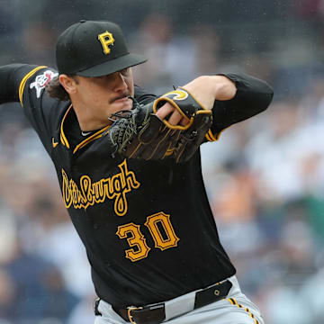 Sep 28, 2024; Bronx, New York, USA; Pittsburgh Pirates starting pitcher Paul Skenes (30) pitches against the New York Yankees during the first inning at Yankee Stadium. Mandatory Credit: Brad Penner-Imagn Images