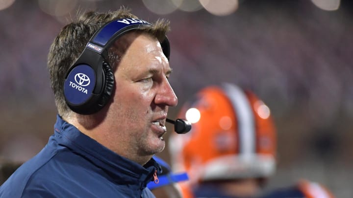 Aug 29, 2024; Champaign, Illinois, USA;  Illinois Fighting Illini head coach Bret Bielema on the sidelines during the second half at Memorial Stadium. Mandatory Credit: Ron Johnson-USA TODAY Sports