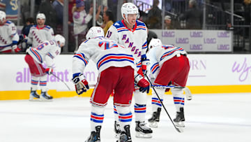 Nov 18, 2025; Las Vegas, Nevada, USA; New York Rangers left wing Artemi Panarin (10) reacts after the Vegas Golden Knights defeated the Rangers 3-2 at T-Mobile Arena. Mandatory Credit: Stephen R. Sylvanie-Imagn Images