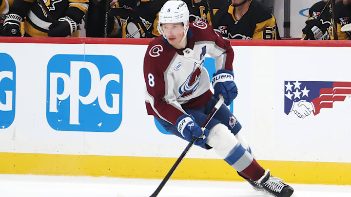 Mar 24, 2026; Pittsburgh, Pennsylvania, USA;  Colorado Avalanche defenseman Cale Makar (8) handles the puck against the Pittsburgh Penguins during the third period at PPG Paints Arena. Mandatory Credit: Charles LeClaire-Imagn Images
