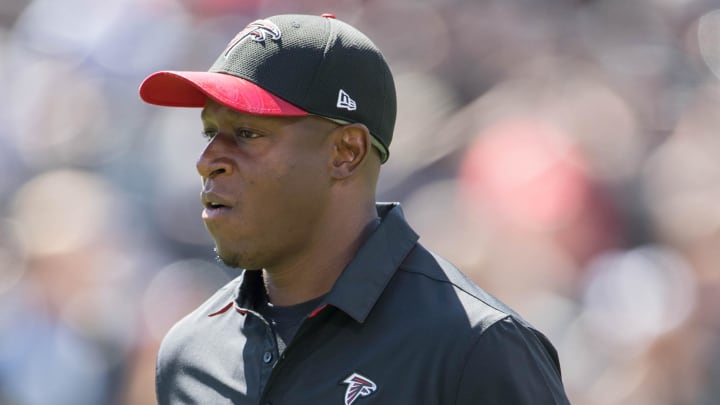 September 18, 2016; Oakland, CA, USA; Atlanta Falcons wide receivers coach Raheem Morris before the game against the Oakland Raiders at Oakland Coliseum. The Falcons defeated the Raiders 35-28. Mandatory Credit: Kyle Terada-USA TODAY Sports
