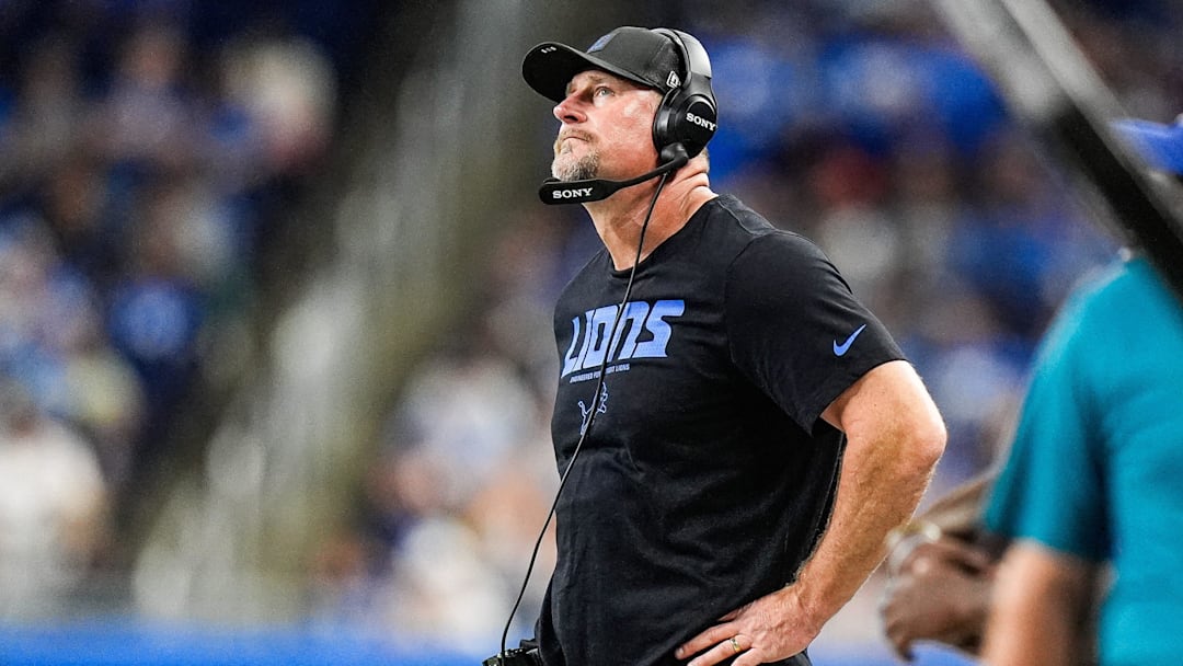 Detroit Lions head coach Dan Campbell reacts to a play against Houston Texans during the first half at Ford Field in Detroit on Saturday, August 23, 2025.