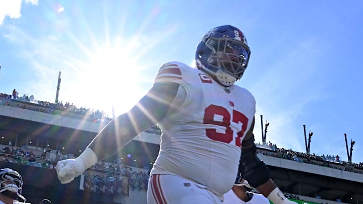 Oct 26, 2025; Philadelphia, Pennsylvania, USA; New York Giants defensive tackle Dexter Lawrence (97) takes the filed against the Philadelphia Eagles at Lincoln Financial Field. 