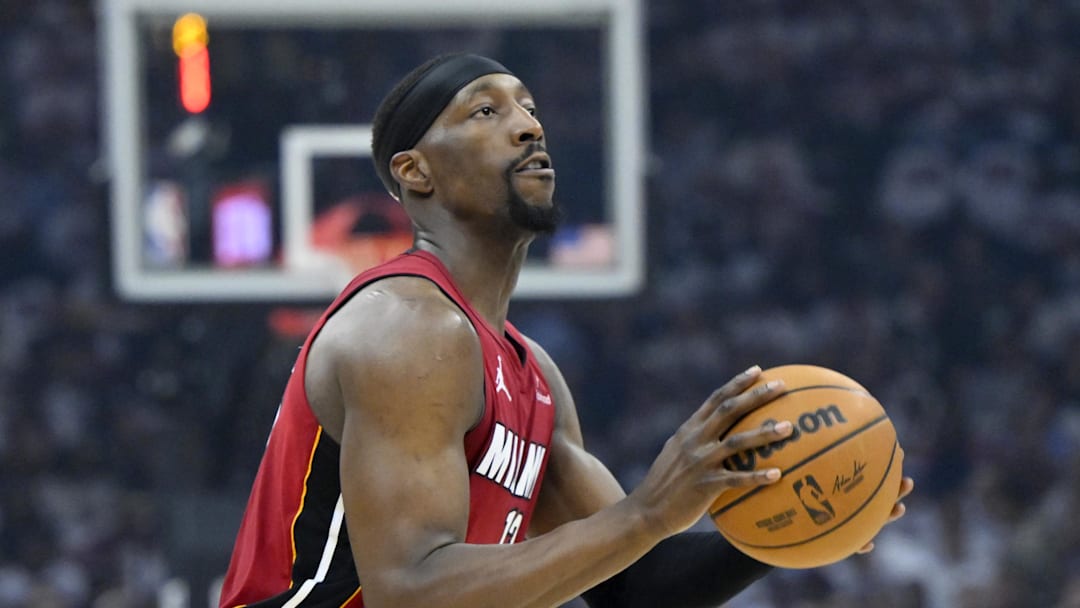 Apr 20, 2025; Cleveland, Ohio, USA; Miami Heat center Bam Adebayo (13) looks to shoot in the first quarter against the Cleveland Cavaliers at Rocket Arena. Mandatory Credit: David Richard-Imagn Images