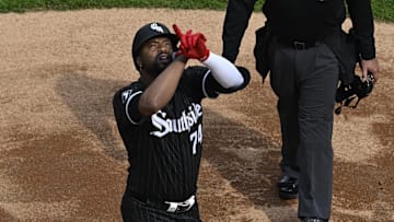 May 14, 2024; Chicago, Illinois, USA;  Chicago White Sox designated hitter Eloy Jimenez (74) points after he hits a home run against the Washington Nationals during the second inning at Guaranteed Rate Field. Mandatory Credit: Matt Marton-Imagn Images