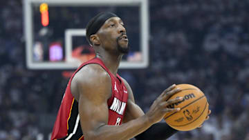 Apr 20, 2025; Cleveland, Ohio, USA; Miami Heat center Bam Adebayo (13) looks to shoot in the first quarter against the Cleveland Cavaliers at Rocket Arena. Mandatory Credit: David Richard-Imagn Images