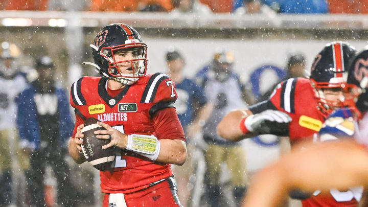 Jul 1, 2023; Montreal, Quebec, CAN; Montreal Alouettes quarterback Cody Fajardo (7) against the Winnipeg Blue Bombers during the fourth quarter at Percival Molson Memorial Stadium. Mandatory Credit: David Kirouac-USA TODAY Sports