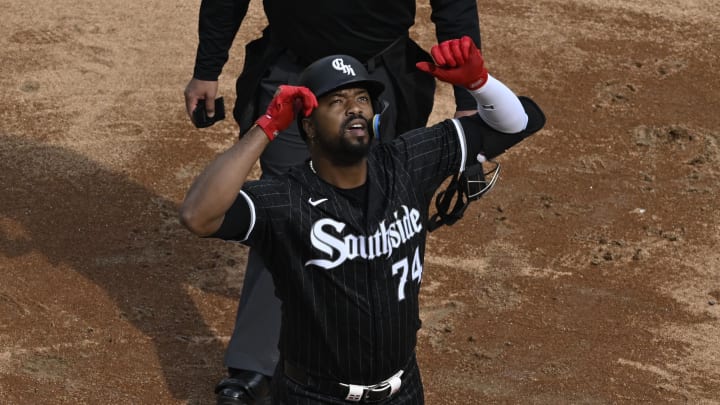 May 14, 2024; Chicago, Illinois, USA;  Chicago White Sox designated hitter Eloy Jimenez (74) points after he hits a home run against the Washington Nationals during the second inning at Guaranteed Rate Field.
