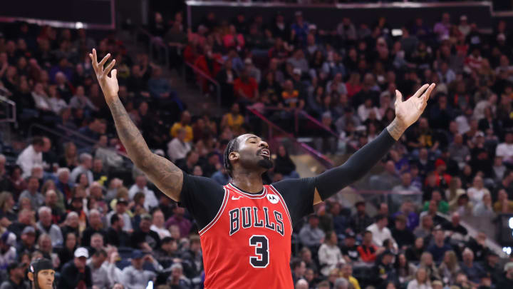 Mar 6, 2024; Salt Lake City, Utah, USA; Chicago Bulls center Andre Drummond (3) reacts to a play against the Utah Jazz during the third quarter at Delta Center. Mandatory Credit: Rob Gray-USA TODAY Sports