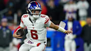 Dec 1, 2025; Foxborough, Massachusetts, USA; New York Giants quarterback Jaxson Dart (6) runs with the ball during the second quarter against the New England Patriots at Gillette Stadium. Mandatory Credit: David Butler II-Imagn Images
