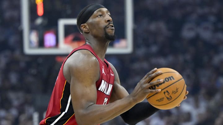 Apr 20, 2025; Cleveland, Ohio, USA; Miami Heat center Bam Adebayo (13) looks to shoot in the first quarter against the Cleveland Cavaliers at Rocket Arena. Mandatory Credit: David Richard-Imagn Images