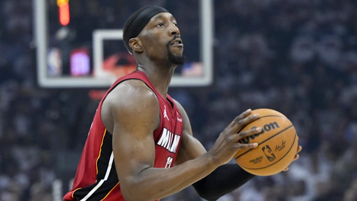 Apr 20, 2025; Cleveland, Ohio, USA; Miami Heat center Bam Adebayo (13) looks to shoot in the first quarter against the Cleveland Cavaliers at Rocket Arena. Mandatory Credit: David Richard-Imagn Images