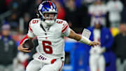 Dec 1, 2025; Foxborough, Massachusetts, USA; New York Giants quarterback Jaxson Dart (6) runs with the ball during the second quarter against the New England Patriots at Gillette Stadium. Mandatory Credit: David Butler II-Imagn Images