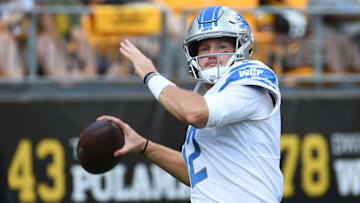Aug 28, 2022; Pittsburgh, Pennsylvania, USA;  Detroit Lions quarterback Tim Boyle (12) throws a pass before playing the Detroit Lions at Acrisure Stadium. Mandatory Credit: Philip G. Pavely-Imagn Images