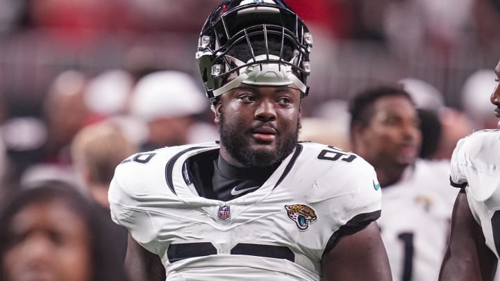 Aug 23, 2024; Atlanta, Georgia, USA; Jacksonville Jaguars defensive tackle Jordan Jefferson (98) shown on the field against the Atlanta Falcons at Mercedes-Benz Stadium. 