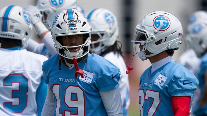 Tennessee Titans wide receivers Tyren Montgomery (19) and Xavier Restrepo (87) talk between drills during the Titans Rookie Camp Day 1 at Vanderbilt Health Football Center in Nashville, Tenn., Friday, May 1, 2026.