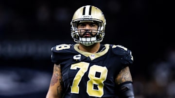 Sep 10, 2023; New Orleans, Louisiana, USA; New Orleans Saints center Erik McCoy (78) on a time out against the Tennessee Titans  during the first half at the Caesars Superdome. Mandatory Credit: Stephen Lew-Imagn Images