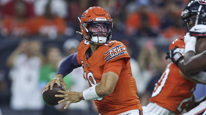 Sep 15, 2024; Houston, Texas, USA; Chicago Bears quarterback Caleb Williams (18) attempts a pass during the first quarter against the Houston Texans at NRG Stadium. Mandatory Credit: Troy Taormina-Imagn Images