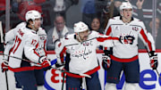 Mar 25, 2025; Winnipeg, Manitoba, CAN; Washington Capitals left wing Alex Ovechkin (8) celebrates his goal against the Winnipeg Jets in the third period at Canada Life Centre. Mandatory Credit: James Carey Lauder-Imagn Images