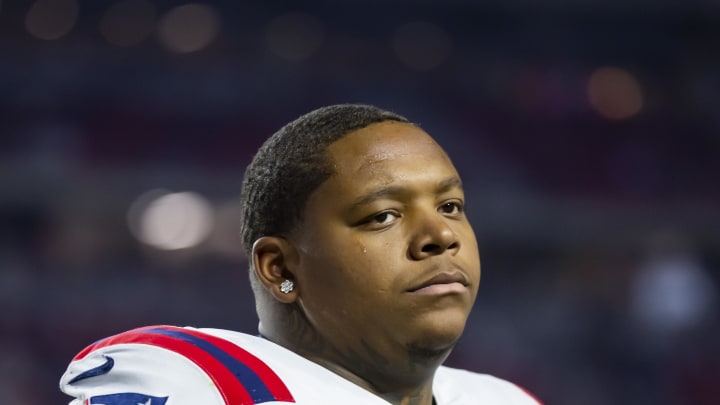 Dec 12, 2022; Glendale, Arizona, USA; New England Patriots offensive tackle Trent Brown (77) against the Arizona Cardinals at State Farm Stadium. Mandatory Credit: Mark J. Rebilas-USA TODAY Sports