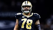 Sep 10, 2023; New Orleans, Louisiana, USA; New Orleans Saints center Erik McCoy (78) on a time out against the Tennessee Titans  during the first half at the Caesars Superdome. Mandatory Credit: Stephen Lew-Imagn Images