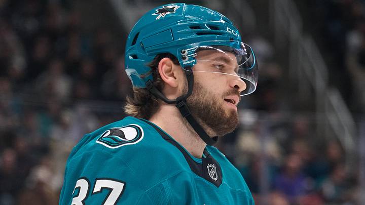 Jan 11, 2026; San Jose, California, USA; San Jose Sharks defenseman Timothy Liljegren (37) reacts after being called for a penalty against the Vegas Golden Knights during the first period at SAP Center at San Jose. Mandatory Credit: Robert Edwards-Imagn Images