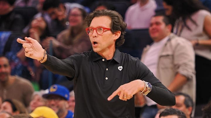 Atlanta Hawks head coach Quin Snyder reacts against the Golden State Warriors.