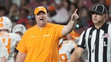Oct 18, 2025; Tuscaloosa, Alabama, USA; Tennessee Volunteers head coach Josh Heupel reacts in the second quarter against the Alabama Crimson Tide at Saban Field at Bryant-Denny Stadium. Mandatory Credit: Gary Cosby-USA TODAY Network via Imagn Images
