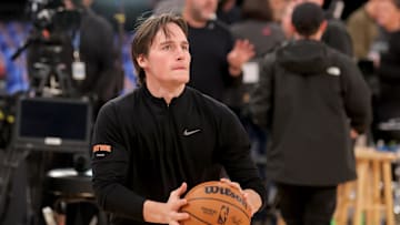 Nov 5, 2025; New York, New York, USA; New York Knicks guard Tyler Kolek (13) warms up before a game against the Minnesota Timberwolves at Madison Square Garden. Mandatory Credit: Brad Penner-Imagn Images