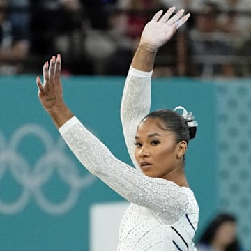 Aug 5, 2024; Paris, France; Jordan Chiles of the United States competes on the floor exercise on day three of the gymnastics event finals during the Paris 2024 Olympic Summer Games. Mandatory Credit: Jack Gruber-Imagn Images